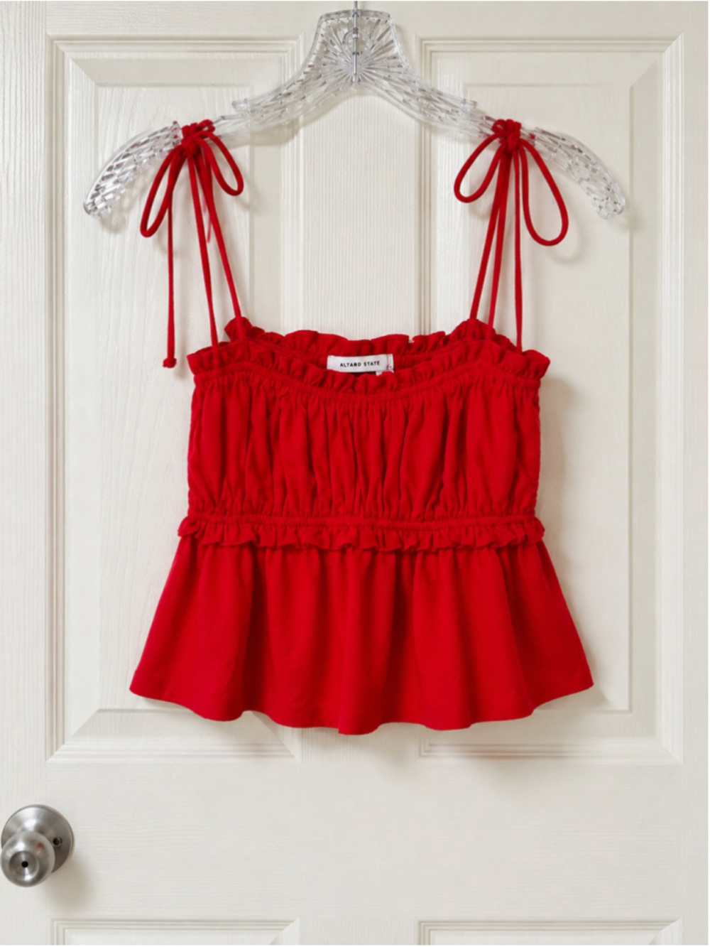 Altar’d State Red Smocked Ruffle Peplum Tie Strap Tank Top Women’s Size S